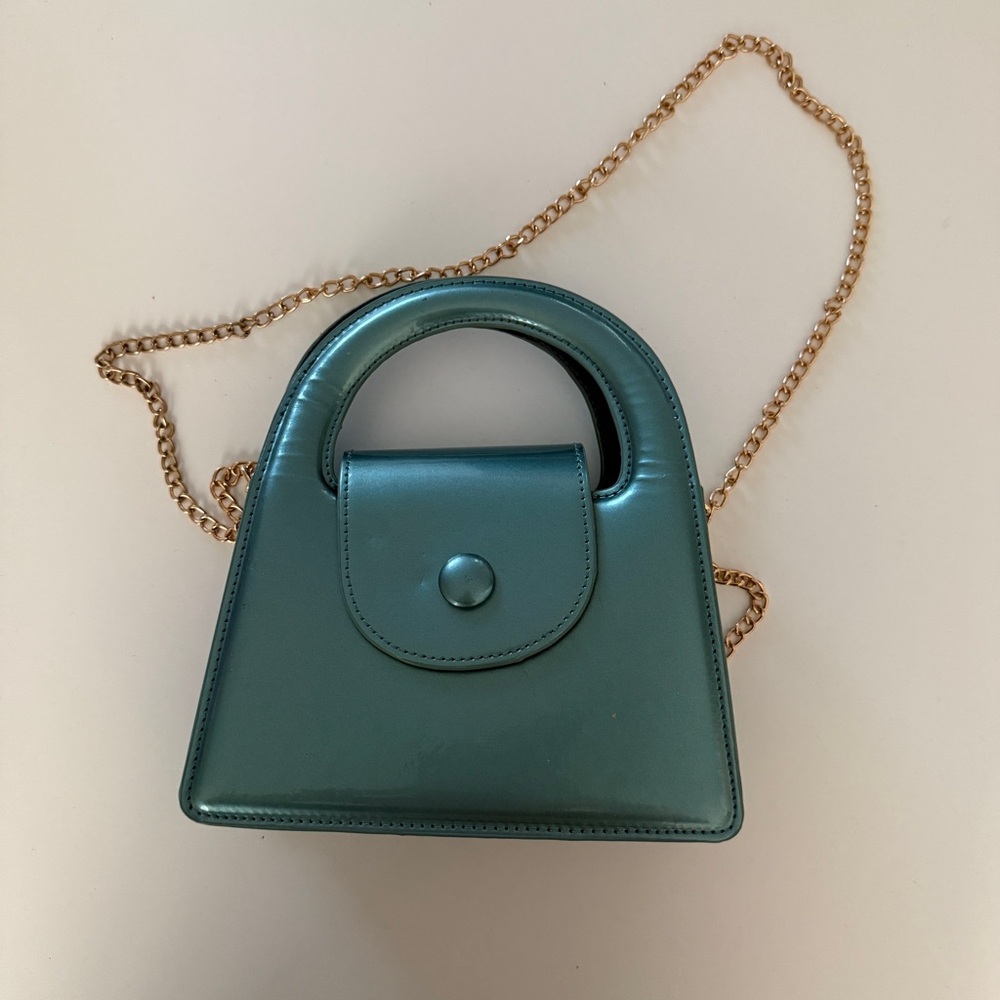 Teal Structured Top-Handle Chain Bag